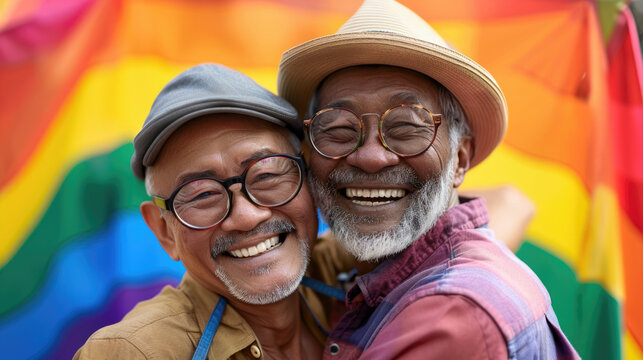Elderly LGBT men hugging, against the backdrop of a rainbow flag. Gay festival