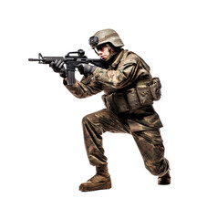 Soldier in camouflage and tactical gear aiming a rifle, knee bent, focused expression, isolated on a transparent background. Generative AI