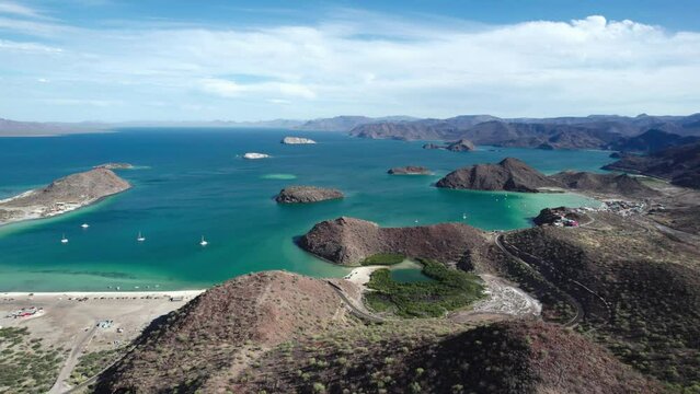 Playa Santispac With RV Park On Bahia Concepcion Near Mulege, Baja California Sur, Mexico. aerial sideways