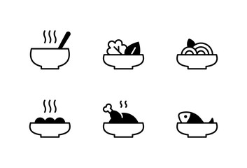 Vector hot dinner plate templates. Restaurant meal icon set. Flat food dish symbol illustrations. Cafe pictograms for pasta, bowl, soup, poke, wok, ramen, spaghetti, noodle, fish, chicken, salad