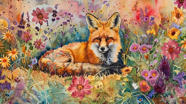 Artistic watercolor depicting a fox in a meadow filled with wildflowers, the vibrant colors of the flowers setting a joyful tone