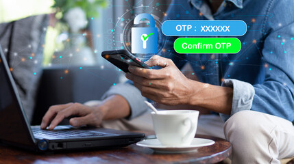 Information One Time Password (OTP) on smartphone to confirm account mobile banking application,...