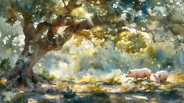 Artistic watercolor showing three pigs under a sprawling oak tree, dappled sunlight filtering through leaves creating a tranquil mood