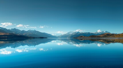 A tranquil lake reflecting the surrounding mountains and a clear blue sky, illustrating the importance of preserving freshwater ecosystems on Earth Day