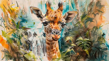 Charming watercolor painting of a giraffe calf peering curiously over lush foliage, a gentle waterfall in the background