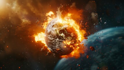 A planet is on fire and is surrounded by a lot of debris