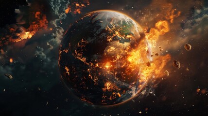 A planet is on fire and surrounded by debris