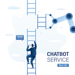 Male employee climbing up to top of broken ladder. Robot helping hand, chat bot with ai support to reach career target or help to climb up ladder of success.