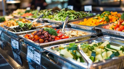Obraz premium A neatly organized buffet table with trays of vegan