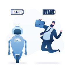 Cyborg with low battery charge and happy strong businessman with full battery. Robot with artificial intelligence dreaming about charging battery. Charge battery,