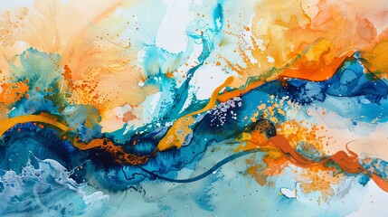 Dynamic watercolor abstraction where waves of cerulean and turquoise meet bursts of saffron and peach, illustrating a clash of temperatures