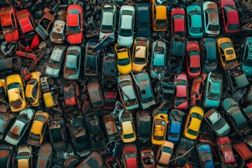 ..Junkyard pile towers with rusting abandoned cars, eerie and chaotic