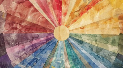 Dynamic watercolor scene of a wooden color wheel as a sun, radiating abstract rays in multiple colors, each ray a different hue and texture