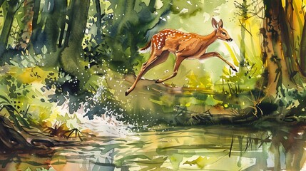 Dynamic watercolor showing a young deer leaping over a small creek, the movement captured against a backdrop of lush greenery