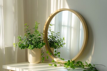 Round mirror frame and House plant on white dressing table
