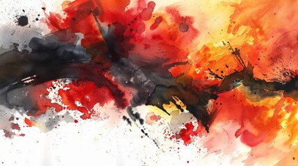 Energetic abstract watercolor with bold splashes of vermilion and amber, mimicking the spontaneous flow of molten lava for a dynamic feel