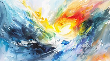 Expressive watercolor strokes depicting a storm of warm and cold colors, their interaction suggesting chaotic beauty and force