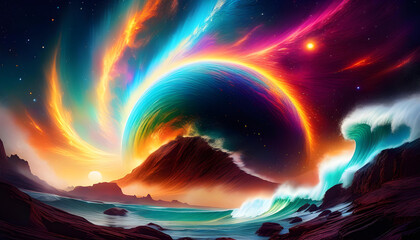 A digital painting of a cosmic wave crashing onto an alien planet with vibrant colors 