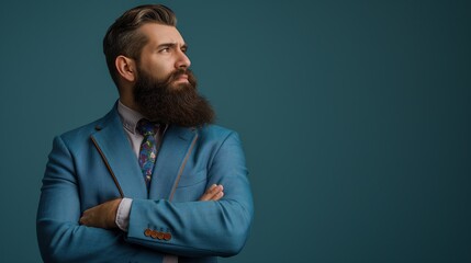 Fototapeta premium Confident bearded man in teal blue suit looking to the side, arms crossed, on a teal background, Concept of professionalism, confidence, and style