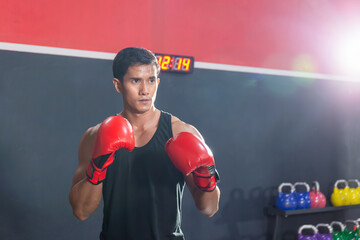Strong young athlete sportsman Muay Thai boxer fighting in a gym, muscular handsome boxing man...