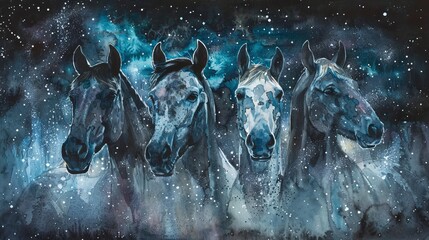 Peaceful watercolor of three horses beneath a starry night sky, the Milky Way casting an ethereal glow over the gentle creatures