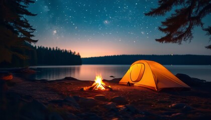 Night camping on shore. tent at campfire under evening sky full of stars and Milky way on blue water