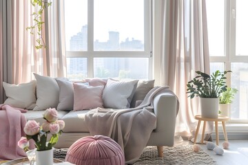 Designer living room interior with window and city view, beautiful couch, pillows, rug and other items. Design concept. Pastel colors soft tone.