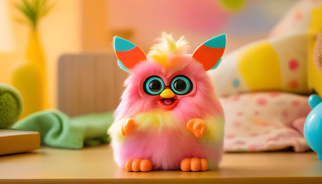 A Furby toy sitting on a wooden shelf with a pastel colored background and soft bokeh effect