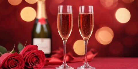 Glasses of champagne and red roses on red background, closeup.