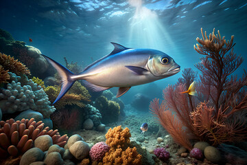 Fototapeta premium milkfish surrounded by beautiful coral