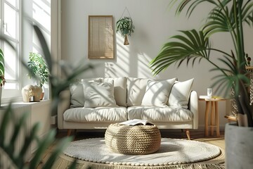 Modern Scandinavian home interior design characterized by an elegant living room featuring a comfortable sofa, mid century furniture, cozy carpet, wooden floor, white walls, and home plants. Pastel