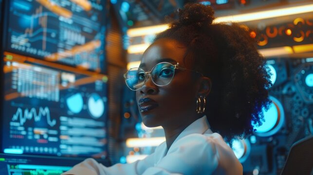 Close-up of a female programmer, IT specialist, Analyst with glasses reading an html script in the office. Software, cybersecurity, digital code, information modern technology concepts