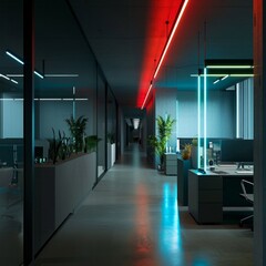 A brightly lit office with neon lights and plants