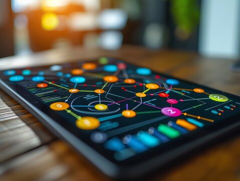 A dynamic flowchart on a digital tablet showing steps to optimize search engine performance