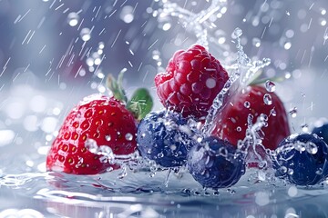 water splashing onto mix berry, in the style of silver background and colorful fruits, high...