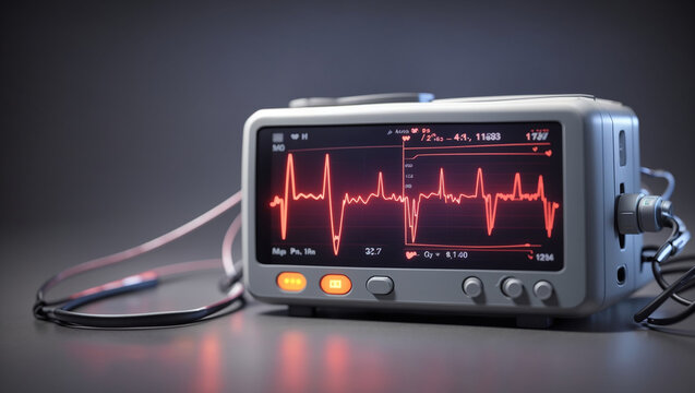 A heart monitor with a red waveform line on the screen.

