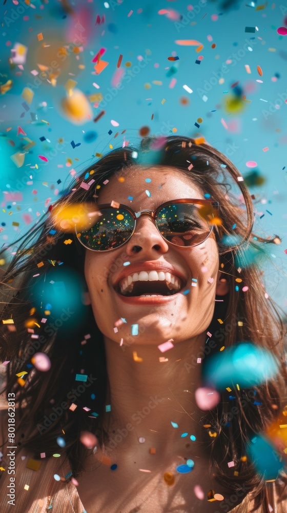 Canvas Prints a woman wearing sunglasses and confetti in the air