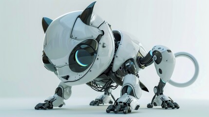 A white robot dog with blue eyes and black legs