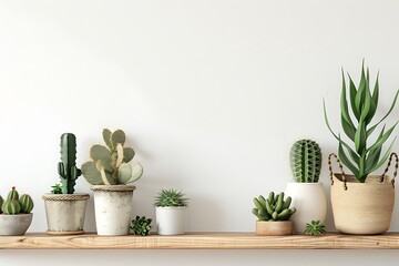 Shelf at home against a white wall. A mockup frame with space for text or graphics. Cactus decoration in pots. Scandinavian style. Concrete clock