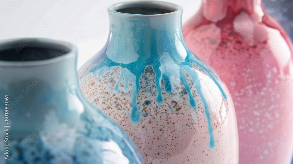 Poster a trio of ceramic vases decorated with a unique drip painting technique adding a fun and modern touc