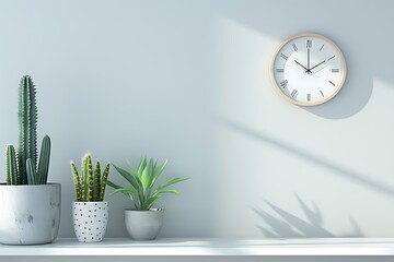 Shelf at home against a white empty wall. Copy space with a place for text or graphics. Cactus decoration in a polka dot pot. Scandinavian style. Concrete clock