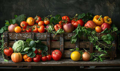 A variety of fresh fruits and vegetables against a rustic backdrop . Generate AI