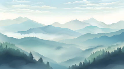 Misty Morning Mountain, Realistic Mountain Panorama, Realistic Mountains Landscape. Vector Background