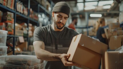 Fototapeta na wymiar A man is holding a cardboard box in a warehouse