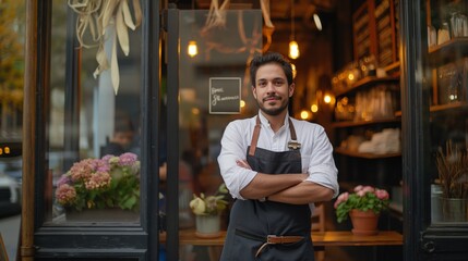Confident Hispanic male chef standing at restaurant entrance, Concept of culinary passion and hospitality industry