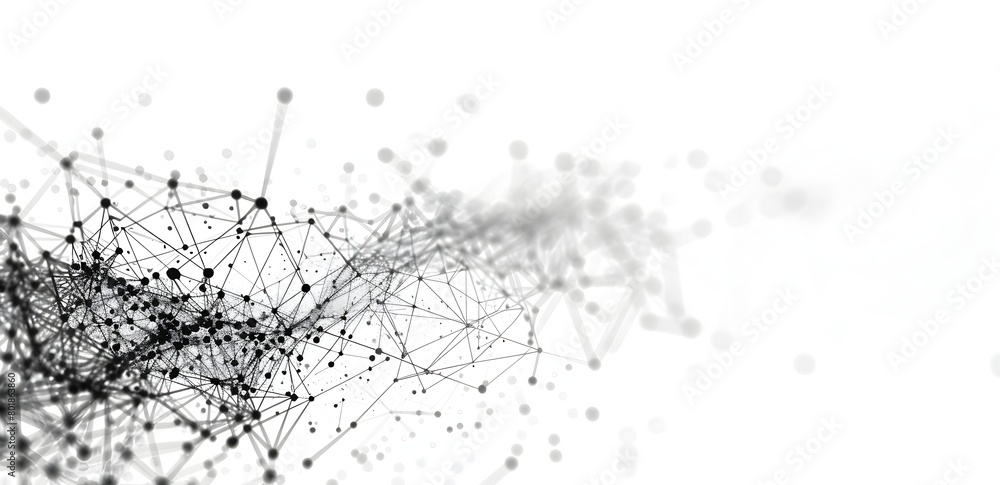 Poster abstract black and white background with interconnected dots, lines and shapes representing the comp