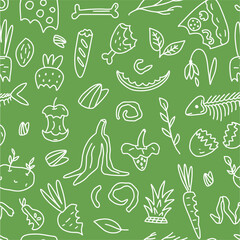 Organic waste, food compost garbage, vector pattern, hand-drawn in the style of doodles