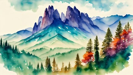 Rocky cliffs framed by cypress trees. An image of the grandeur and mystery of mountain ranges. Watercolor illustration, AI Generated