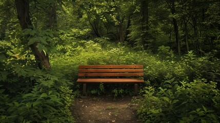 Wooden bench in green outdoor garden