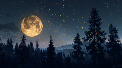 Naklejka premium full moon and stars at night with tree silhouettes in the middle of the forest